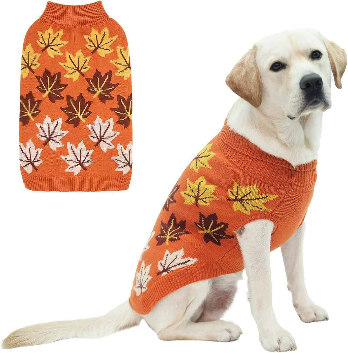 Small Dog Sweater, Fall Dog Sweater with Autumn Maple Leaf Pattern, Cold Weather Pet Knitted - X-Large / Maple Leaf Orange