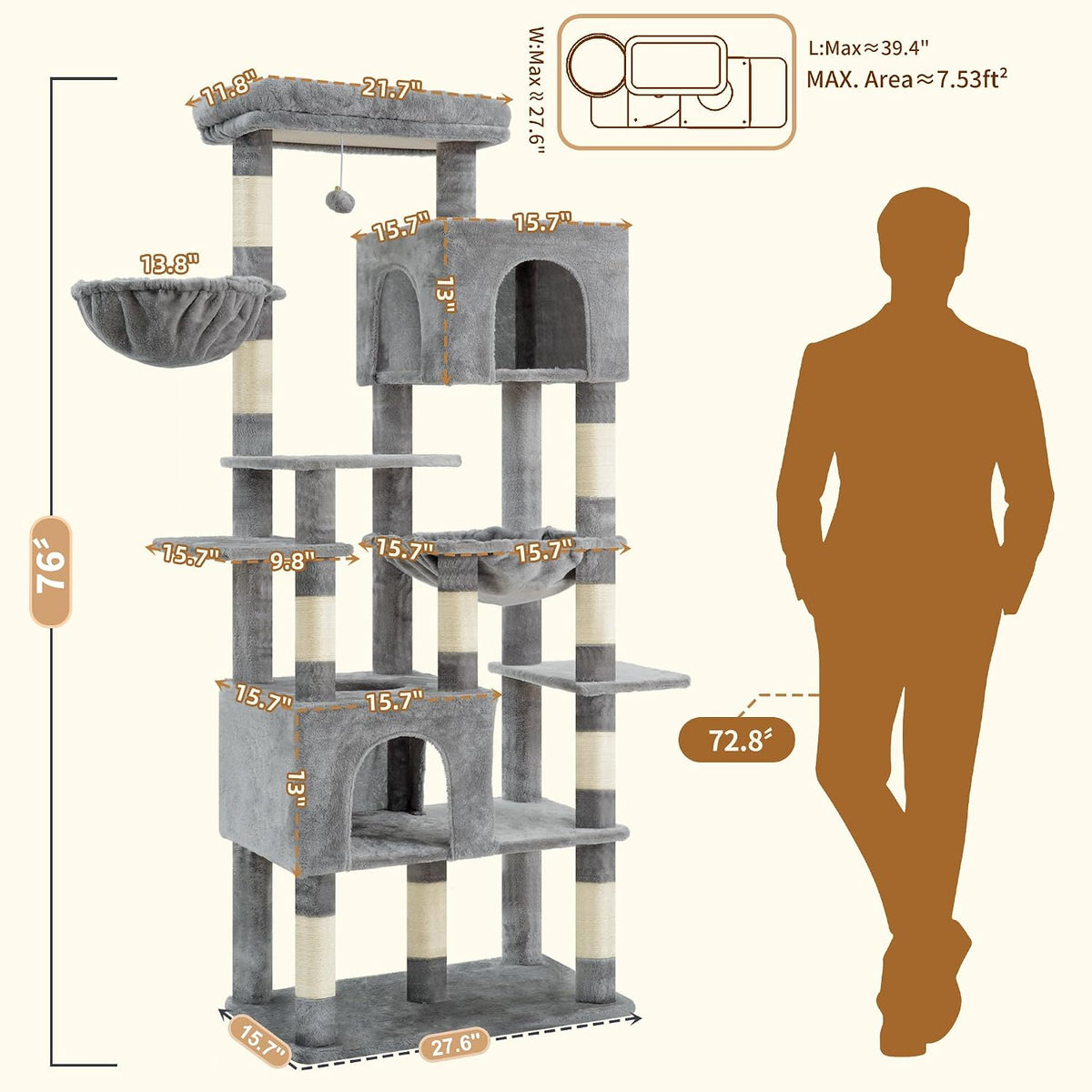 Heybly Cat Tree, 76-Inch Tall Heavy Duty Cat Tower for Big Cats HCT039G – Essentials for Cats - Light Gray / 76.8 inch - image 2