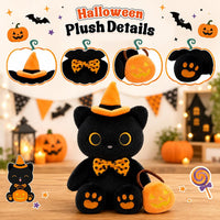 MUFEIRUO Halloween black cat plush holding pumpkin bag, wearing orange witch hat - view 40