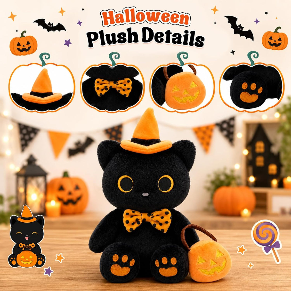 MUFEIRUO Halloween black cat plush holding pumpkin bag, wearing orange witch hat - view 40