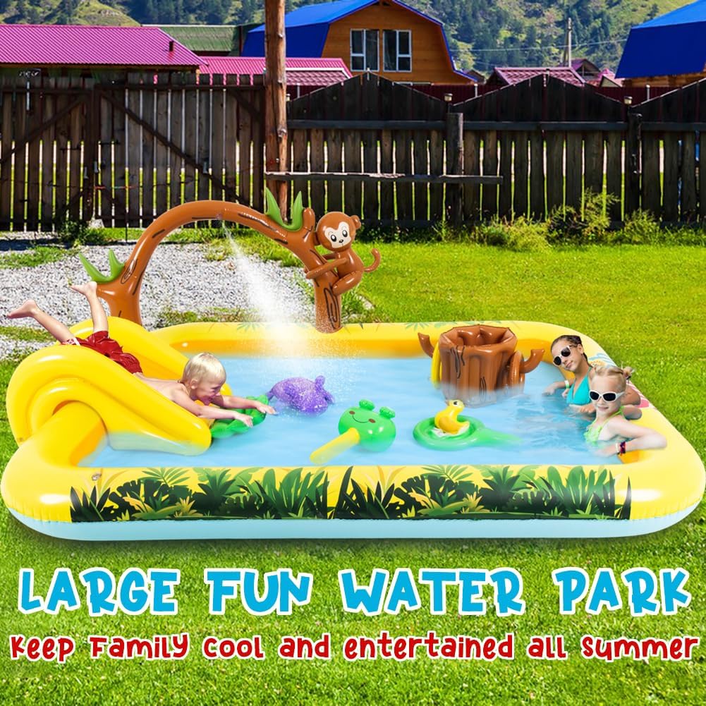LUKBERA inflatable animal kids pool with slide, sprinkler arch and toy animals - view 8