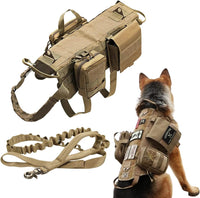 Tactical Dog Vest Harness with 3 MOLLE Bags&1 Bungee Leash – Essentials for Dogs - Khaki / L:Harness neck 11.4"~18.9", chest 20.1"~35.4"