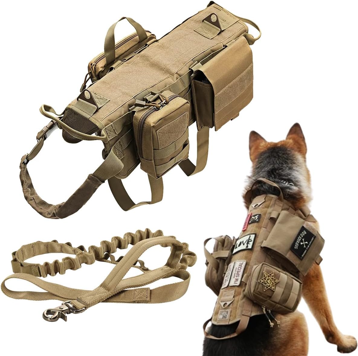 Tactical Dog Vest Harness with 3 MOLLE Bags&1 Bungee Leash – Essentials for Dogs - Khaki / L:Harness neck 11.4"~18.9", chest 20.1"~35.4"