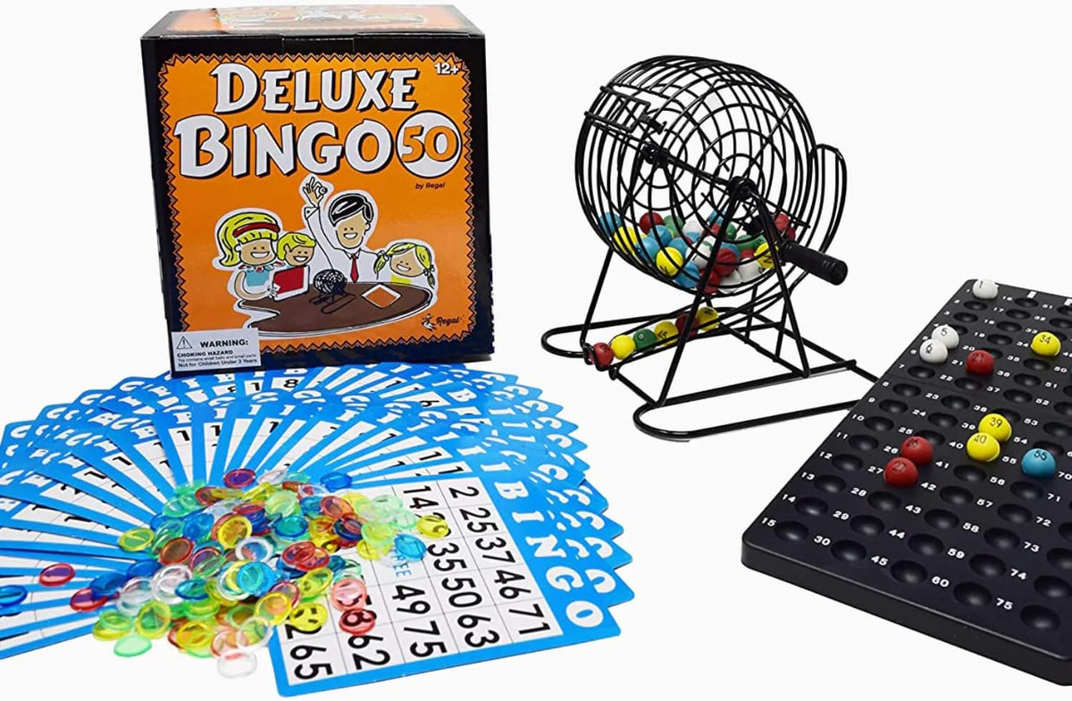 Regal Games Deluxe Bingo Game Set with Cage, Board, Balls - Deluxe 50 Card