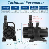 350W 7000 GPH Pond Pump, Ultra Quiet Heavy Duty Submersible Water Pump for Koi Ponds, Fountains - 3200GPH-175W (Pack of 2) - image 2