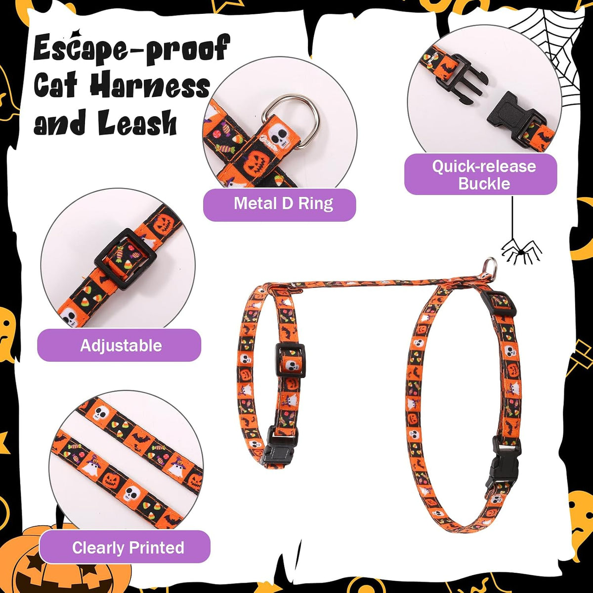 2 Pack Cat Harness and Leash with Collar Set - Halloween Orange,Purple - image 3
