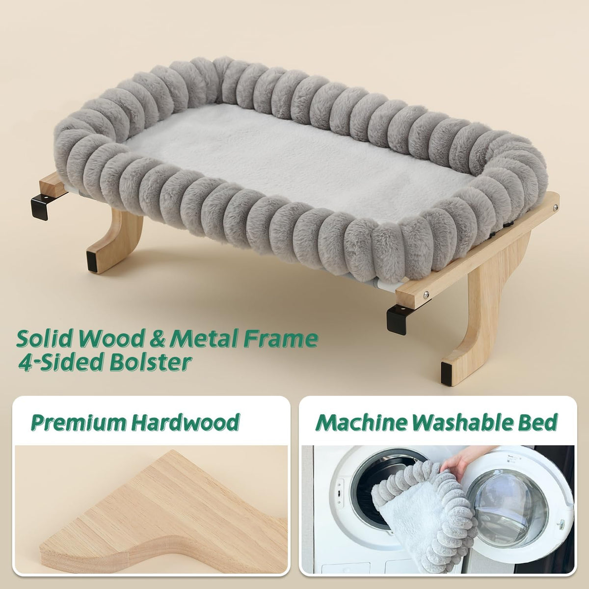 Zakkart SnugCloud Cat Perch for Windowsill – Essentials for Cats - Natural Color Wood w/ Gray Bed / Large (25"x15") - image 3