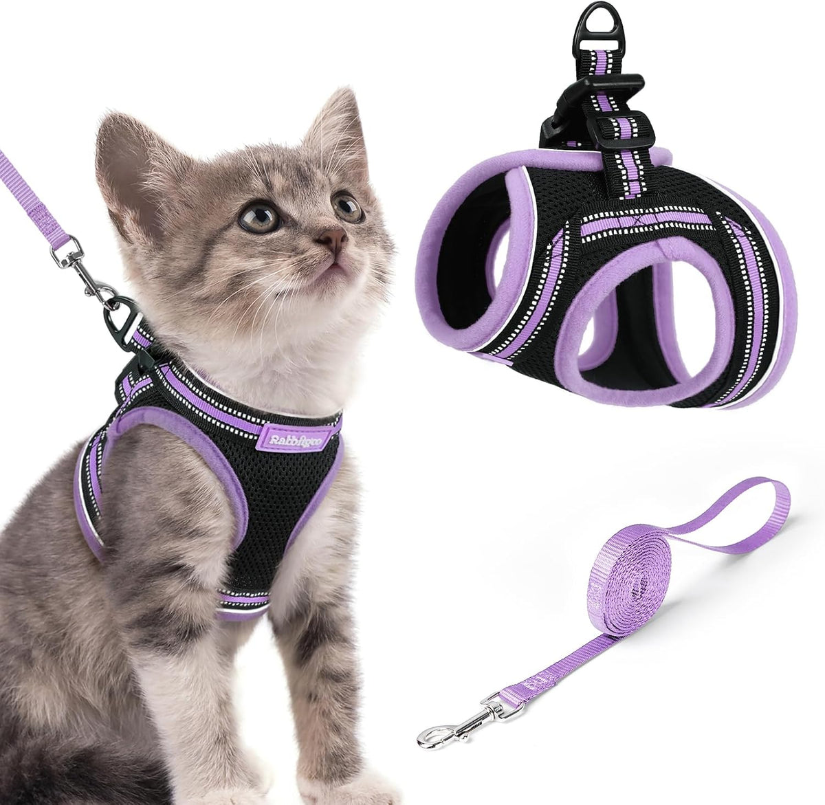 rabbitgoo Cat Harness and Leash Set, Step-in Soft Vest - S / Black-Light Purple