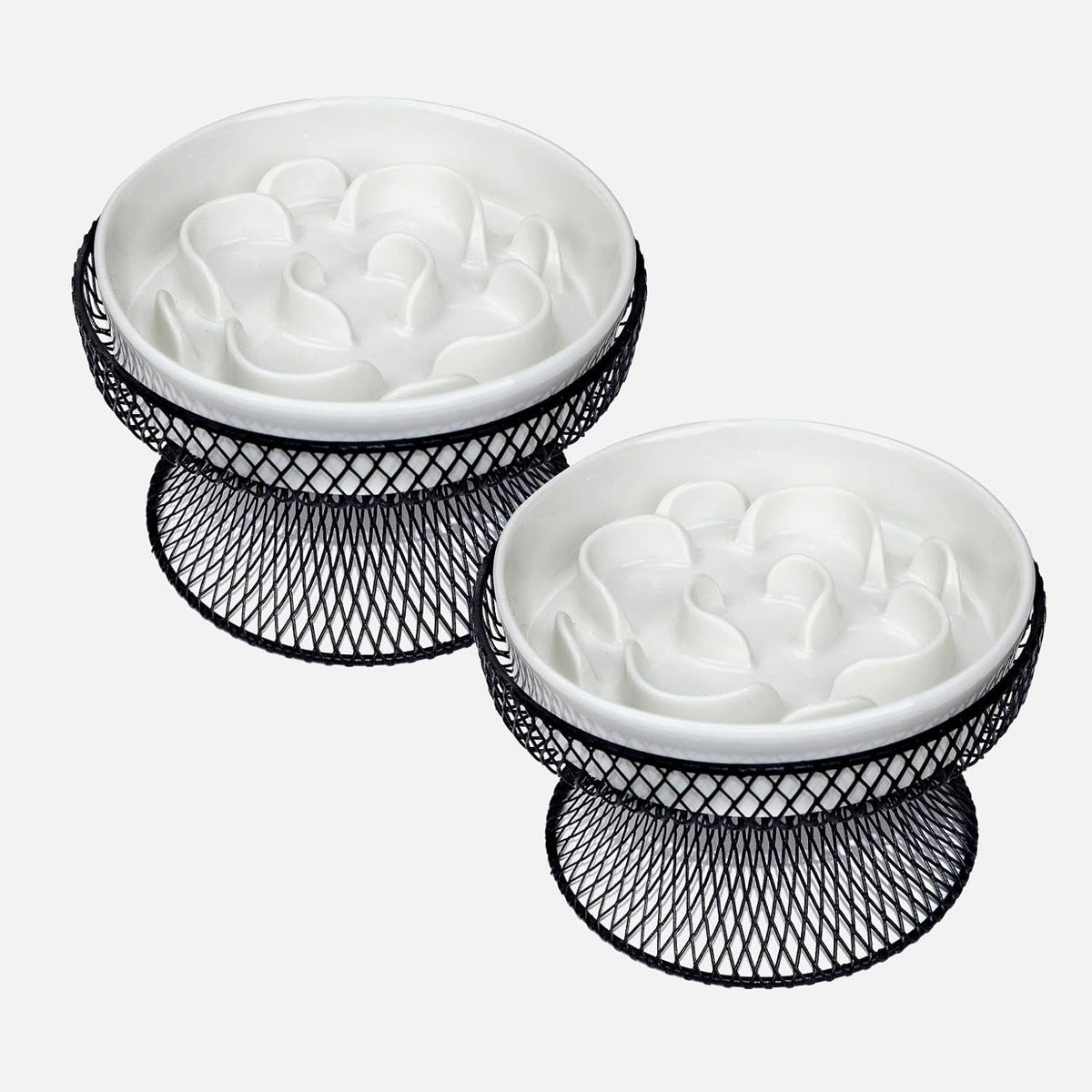 Raised Ceramic Cat Slow Feeder Bowl - White Set of 2
