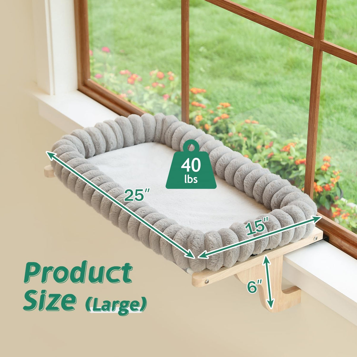Zakkart SnugCloud Cat Perch for Windowsill – Essentials for Cats - Natural Color Wood w/ Gray Bed / Large (25"x15") - image 2