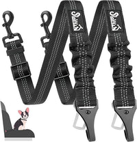 SlowTon Dog Seat Belt, Adjustable Dog Safety Belt Leash, 2 in 1 Latch Bar Attachment Dog Car Seatbelt with Elastic Nylon Bungee Buffer, Reflective Nylon Belt Tether Connect to Dog Harness (2Black)