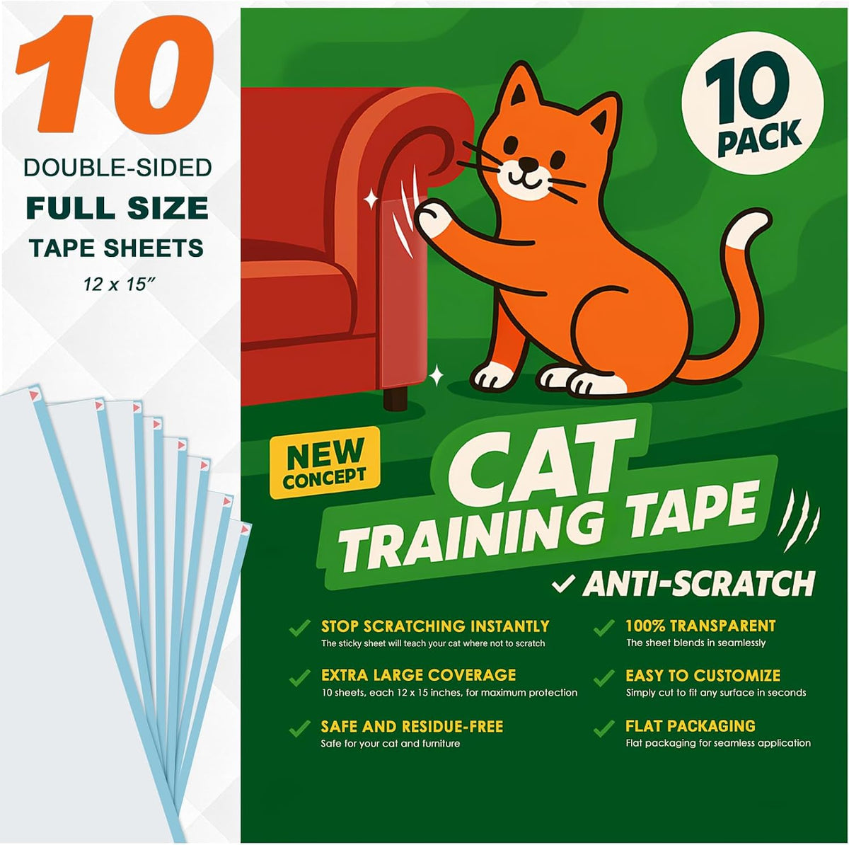Anti-Scratch Tape for Furniture, Stop Cats from Scratching Couch - 12" x 15" ( 10 Sheets ) Cat Scratch Tape