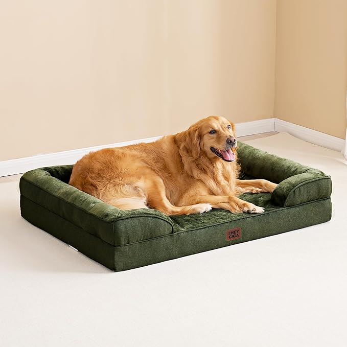 EHEYCIGA Orthopedic XL Dog Beds, Waterproof Memory Foam Dog Bed for Extra Large Dogs, Non-Slip Bottom and Egg-Crate Foam Big Pet Couch Bed with Washable Removable Cover, Dark Green