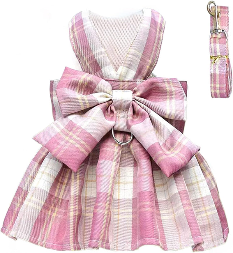 Plaid Dog Dress Bow Tie Harness Leash Set for Small Dogs Cats Girl - Pink / XL ( Suggest 12-14 lbs)