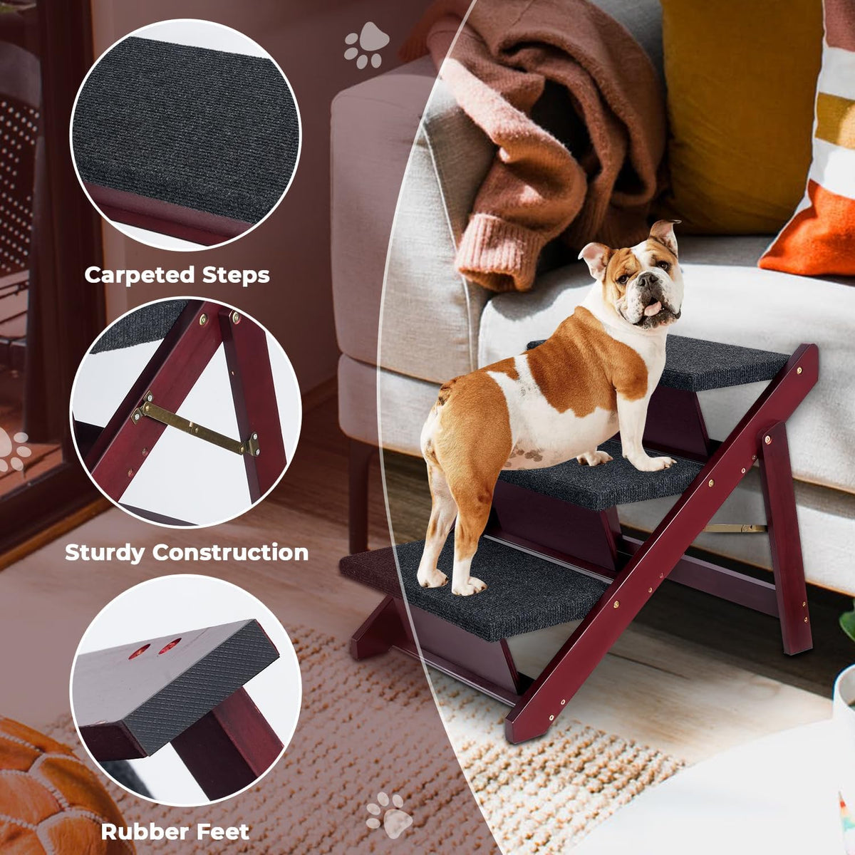 BRIKY Wooden Dog Stairs/Steps, Foldable 4 Steps – Essentials for Dogs - 27.6" L x 18.5" W x 19.5" H - 3 steps - image 3