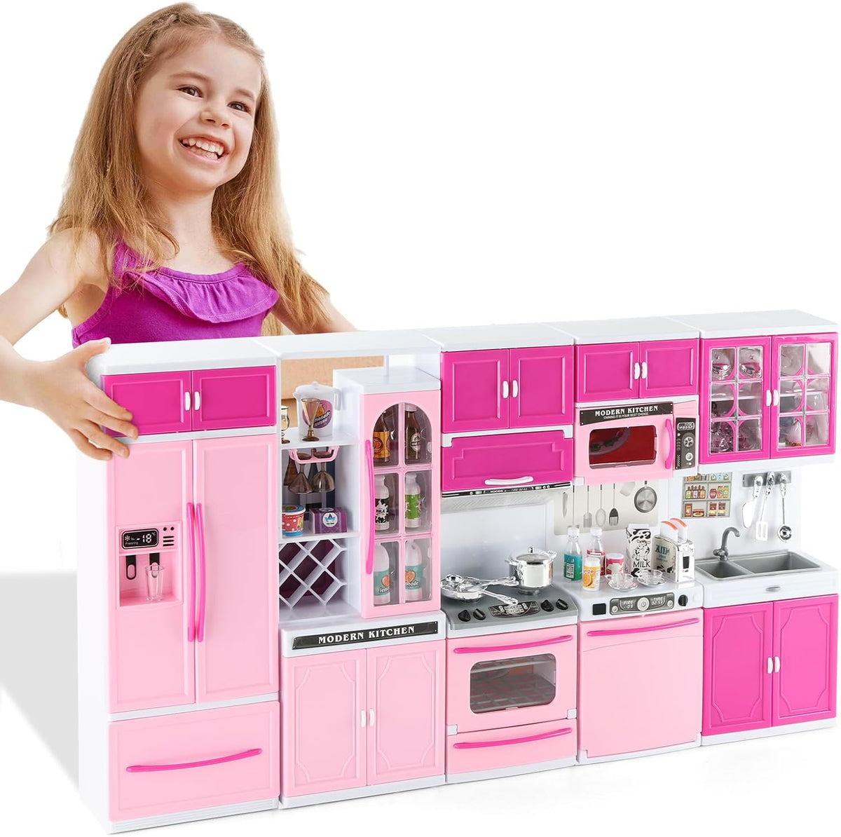SOCBTNSO 64 PCS Pink Kitchen Toy with Lights Sounds for 3 4 5 6 7