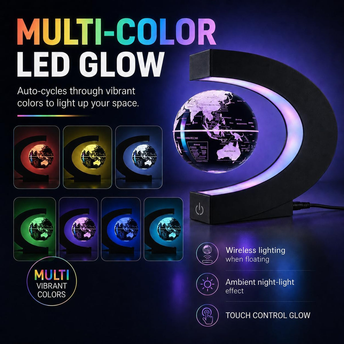 Magnetic Levitation Floating Rotating World Globe with LED Light - Black Color-Changing - image 3