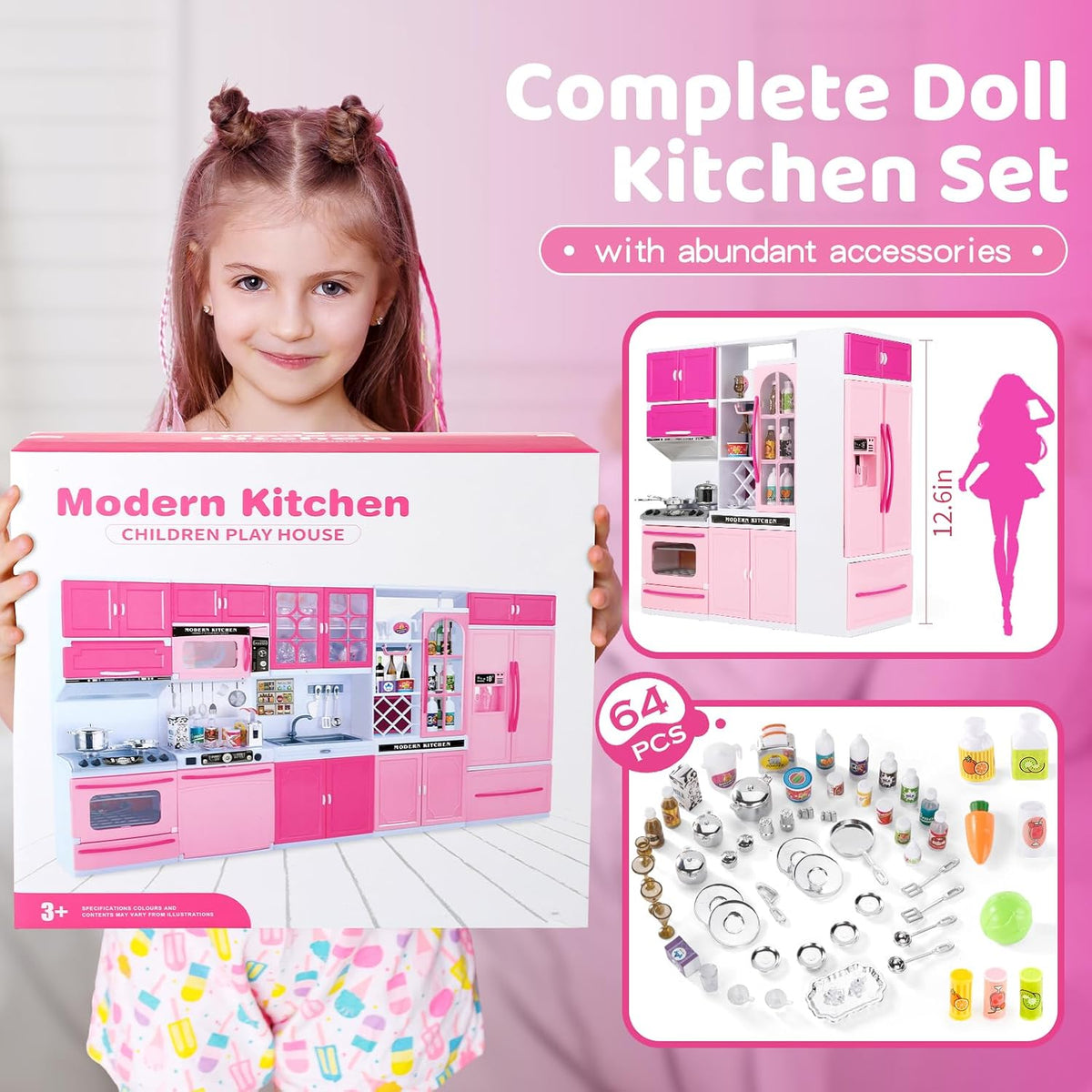 SOCBTNSO 64 PCS Pink Kitchen Toy with Lights Sounds for 3 4 5 6 7 - image 2