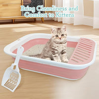 Fhiny Cat Litter Box Portable Shallow Litter Box 17.7"x13.4"x4.9" Foldable Cat Toilet with Scoop Open Kitty Potty Pan with Litter Drop Pedal Easy to Clean Travel Kitten Toilet(Pink)