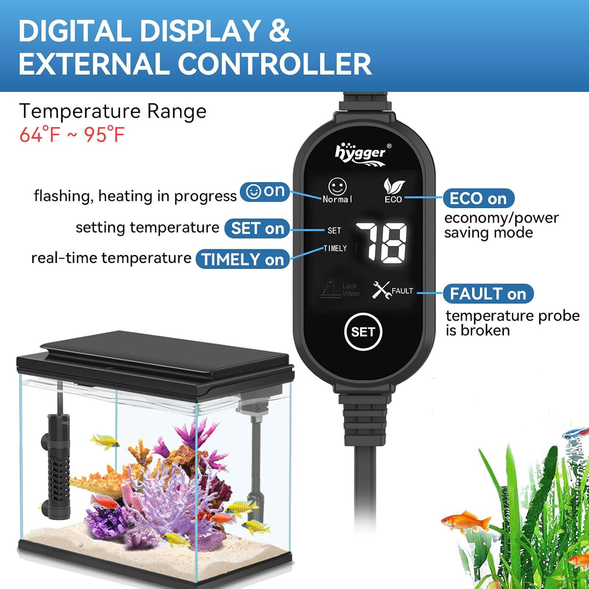 hygger 15W ceramic submersible aquarium heater with external digital controller - view 2
