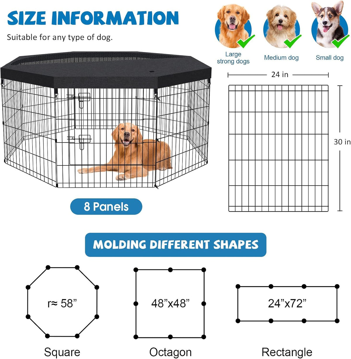 PEEKABOO Foldable Rustproof Dog Playpen with Door, 8 Panels 24"H – Essentials for Dogs - 8 Panels 30"H x 24"W Playpen+Top Cover - image 2