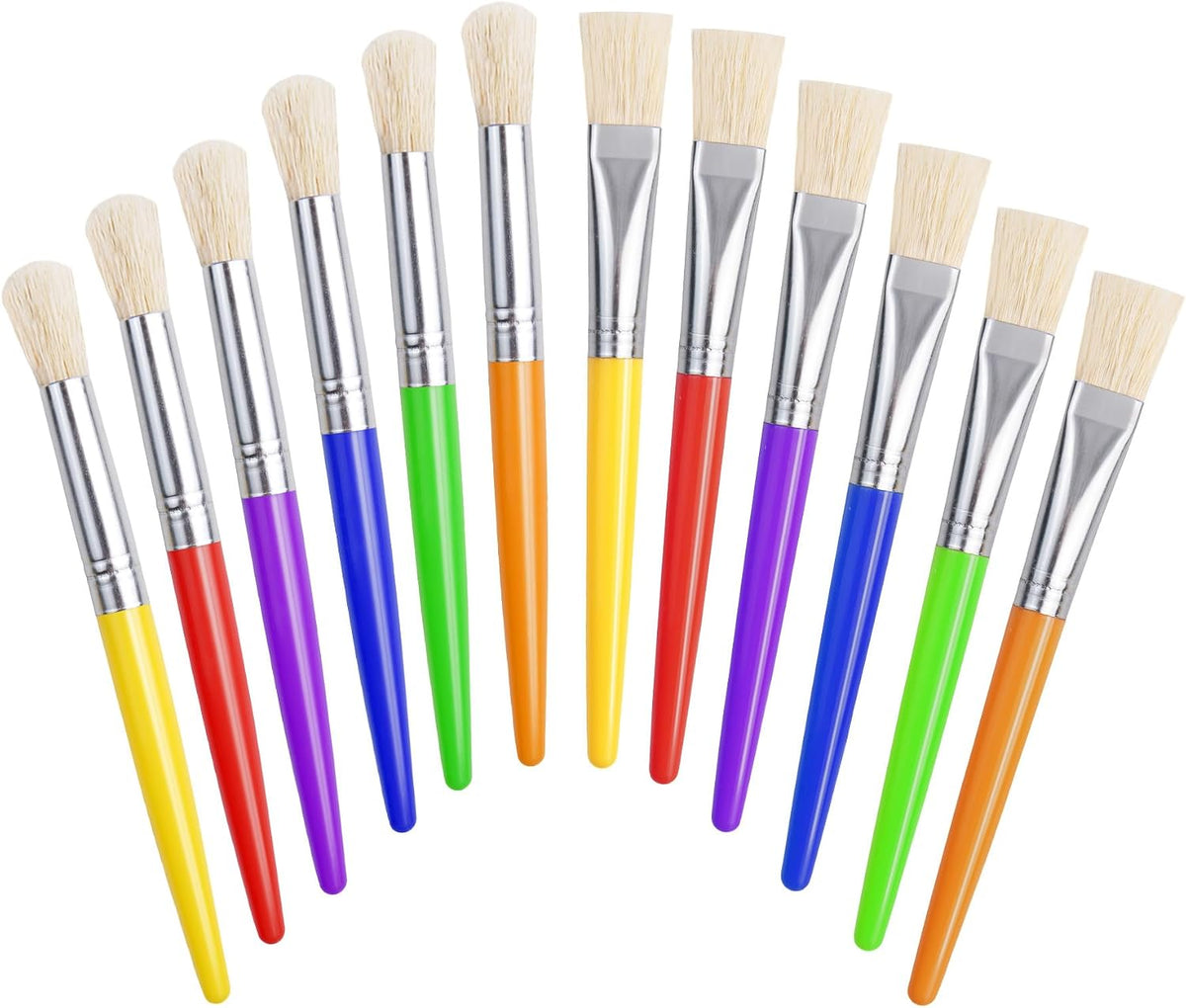 Joyooss kids paint brushes 12 pack, 6 round and 6 flat brushes with colorful plastic handles