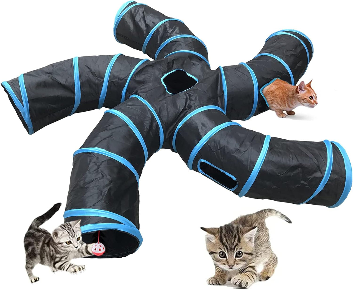 Upgraded Cat Tunnel Toy with 5 peek-a-Boo Windows - 5-way Black