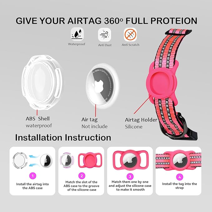 Reflective Dog Collar with Apple AirTag Holder & QR Code Pet ID Tag,Soft Nylon Adjustable Dog Tracker Collar with Safety Lock for Large Dogs(Rose Red, L)