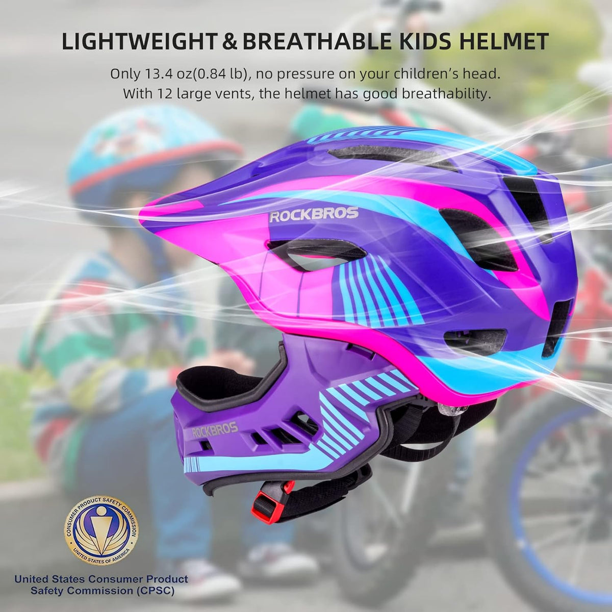 ROCKBROS Kids Full Face Bike Helmet Lightweight Detachable MTB Helmet – Fun for Kids & Family - Purple / Small - image 2