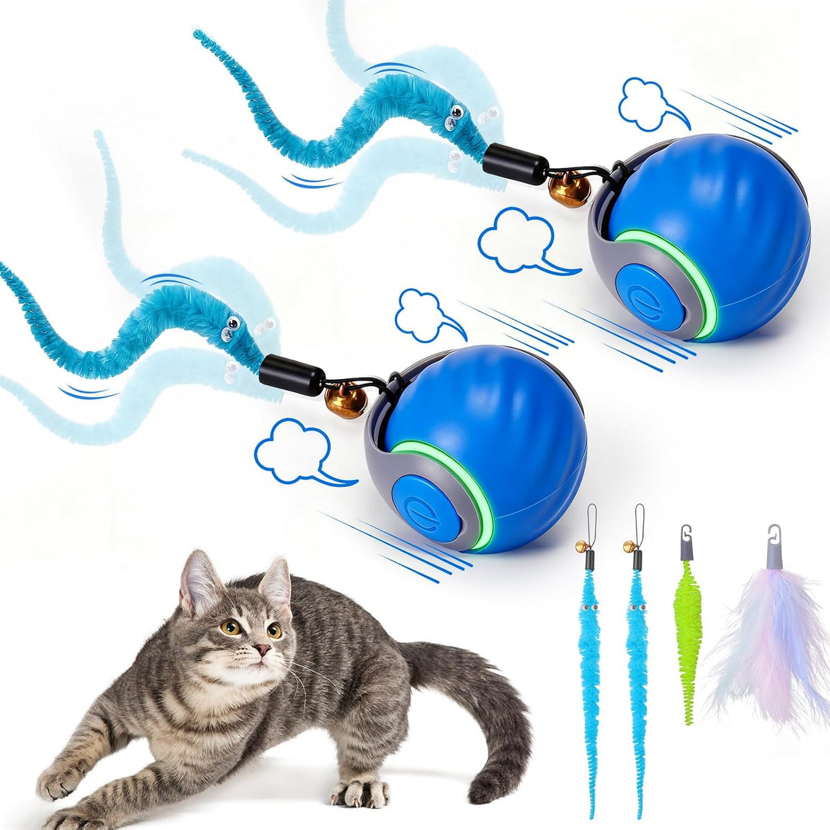 Interactive Cat Toy Ball - Automatic Interactive Cat Toys for Indoor Cats with 3 Tails, 2 Speeds - 2 Pack Blue