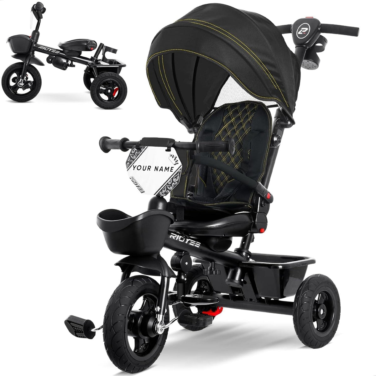 RIDYEE 7-in-1 toddler tricycle with push handle, canopy and rubber tires - view 4