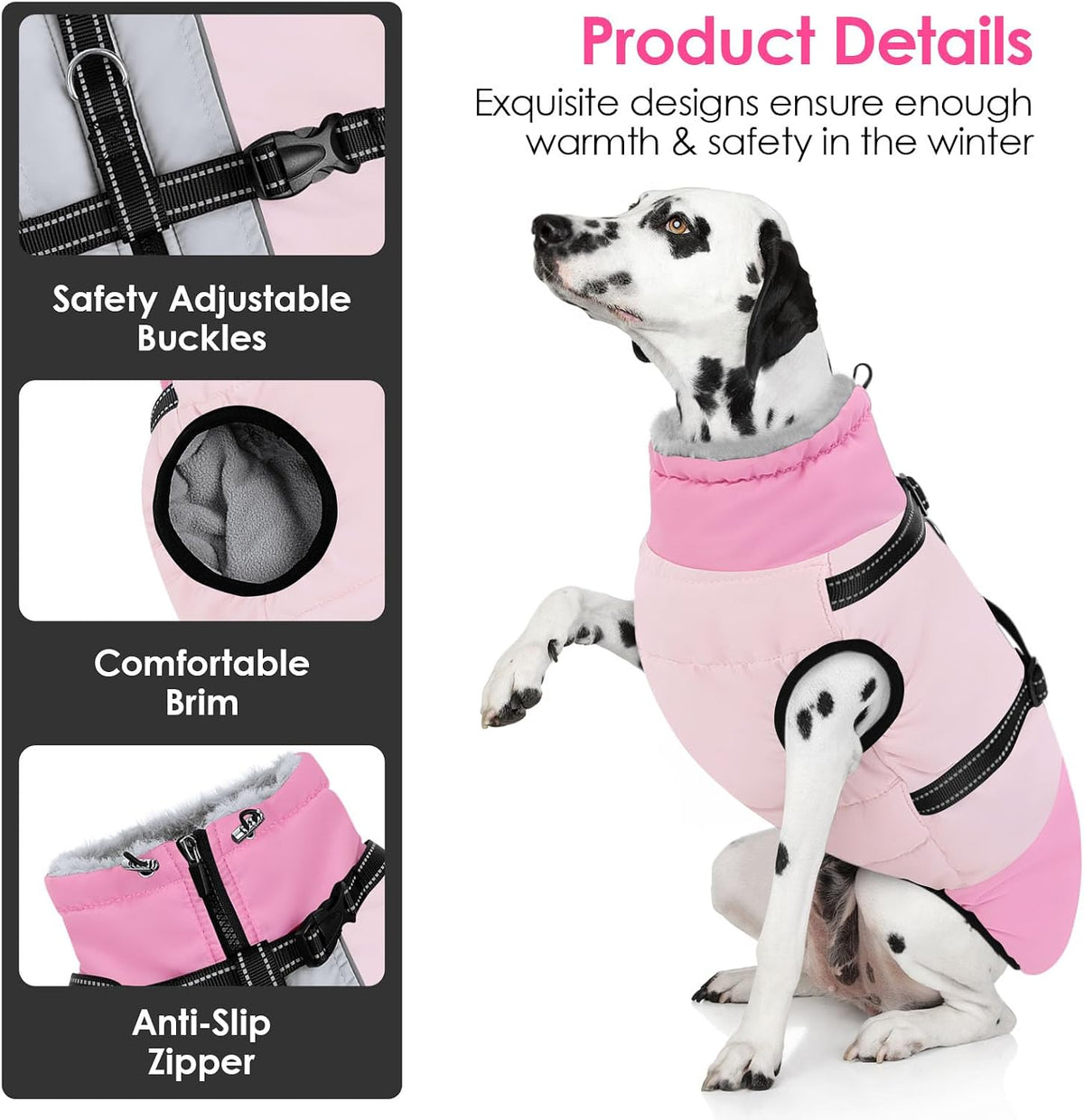 Large Dog Coat Waterproof Dog Winter Jacket with Harness TurquoiseL – Essentials for Dogs - Pink / X-Small - image 4