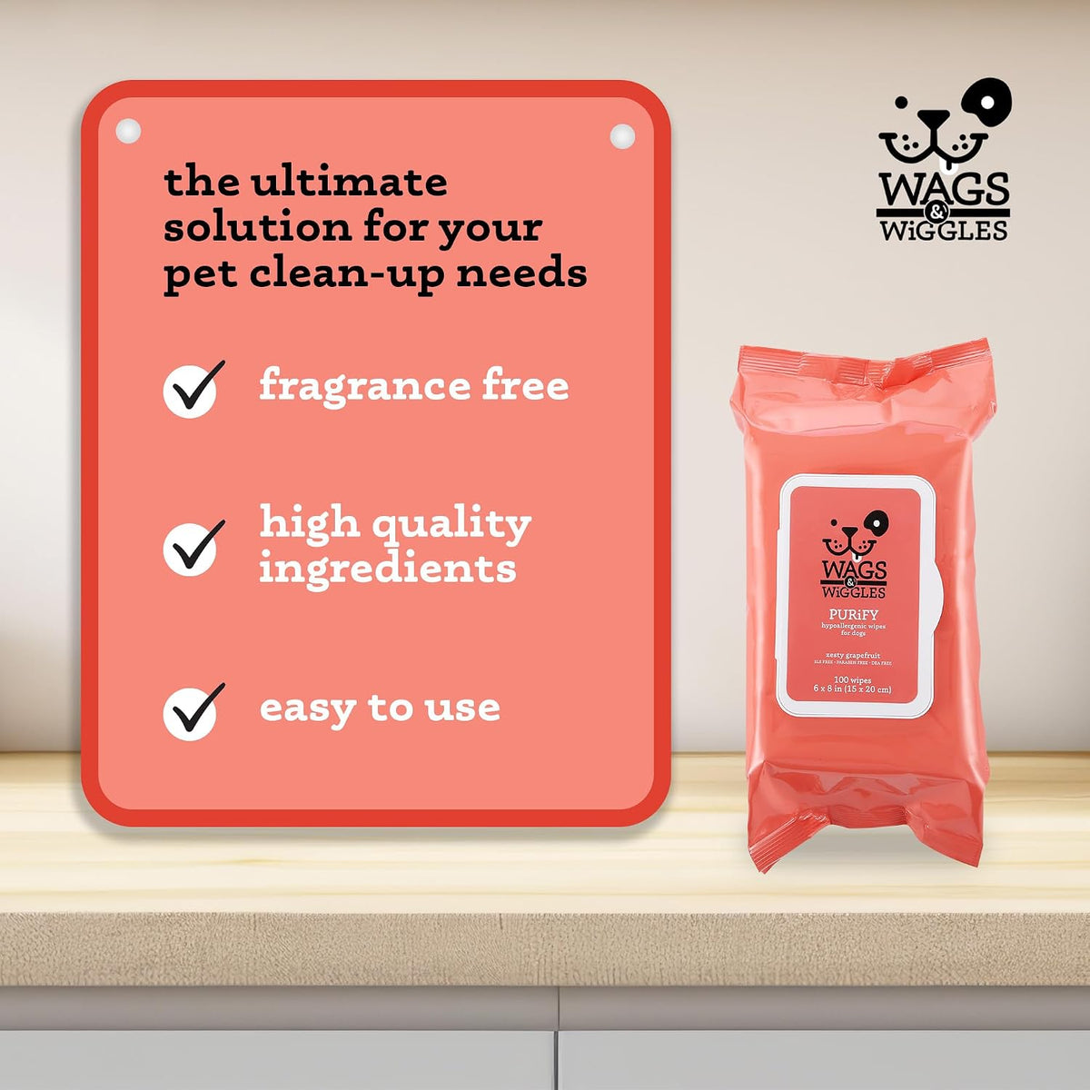 Wags & Wiggles Hypoallergenic Dog Wipes, Fragrance-Free - Zesty Grapefruit - Hypoallergenic / 100 Count (Pack of 12) - image 3