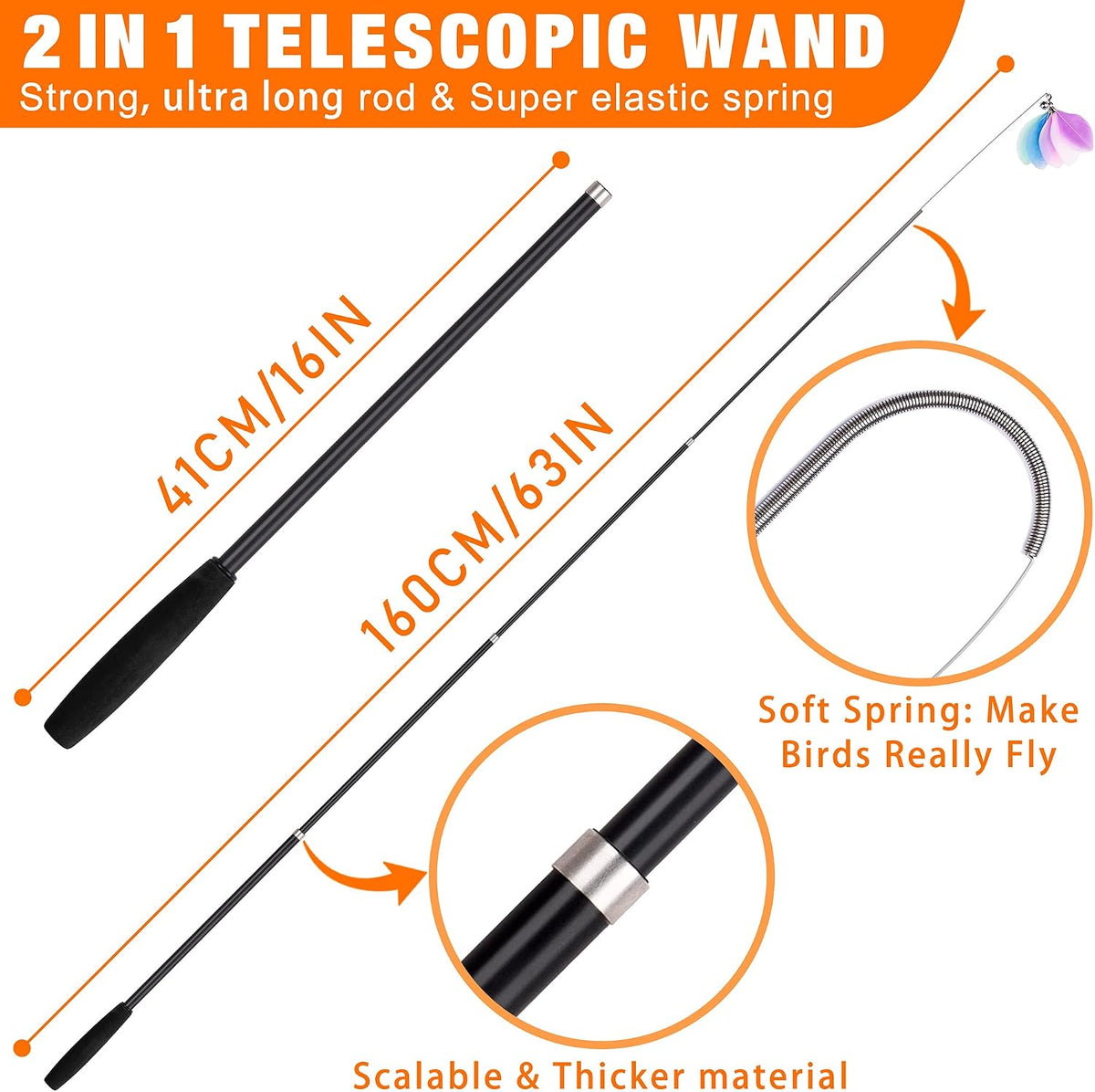 JXFUKAL Cat Toys - 2 in 1 Spring Cat Wand Toy with 2PCS Ultra-Long Cat Teaser, 4PCS Spring Steel - CAT WAND TOY SET - image 2
