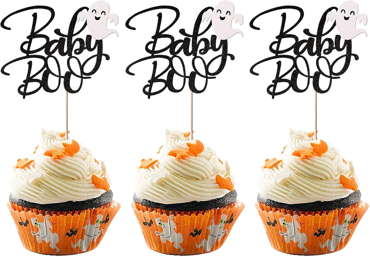 Rsstarxi 24 Pack Ghost Baby Boo Cupcake Toppers Glitter Spooky Little - Design 9 Black