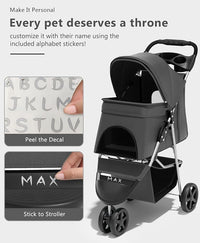 Pet Stroller with 3 Wheels for Small/Medium Pets, Portable Travel Foldable Carrier Jogger for Dog Cat Puppy Kitty, Rear Wheel Breaks, Storage Basket, Visible Mesh with Weather Cover (Black)