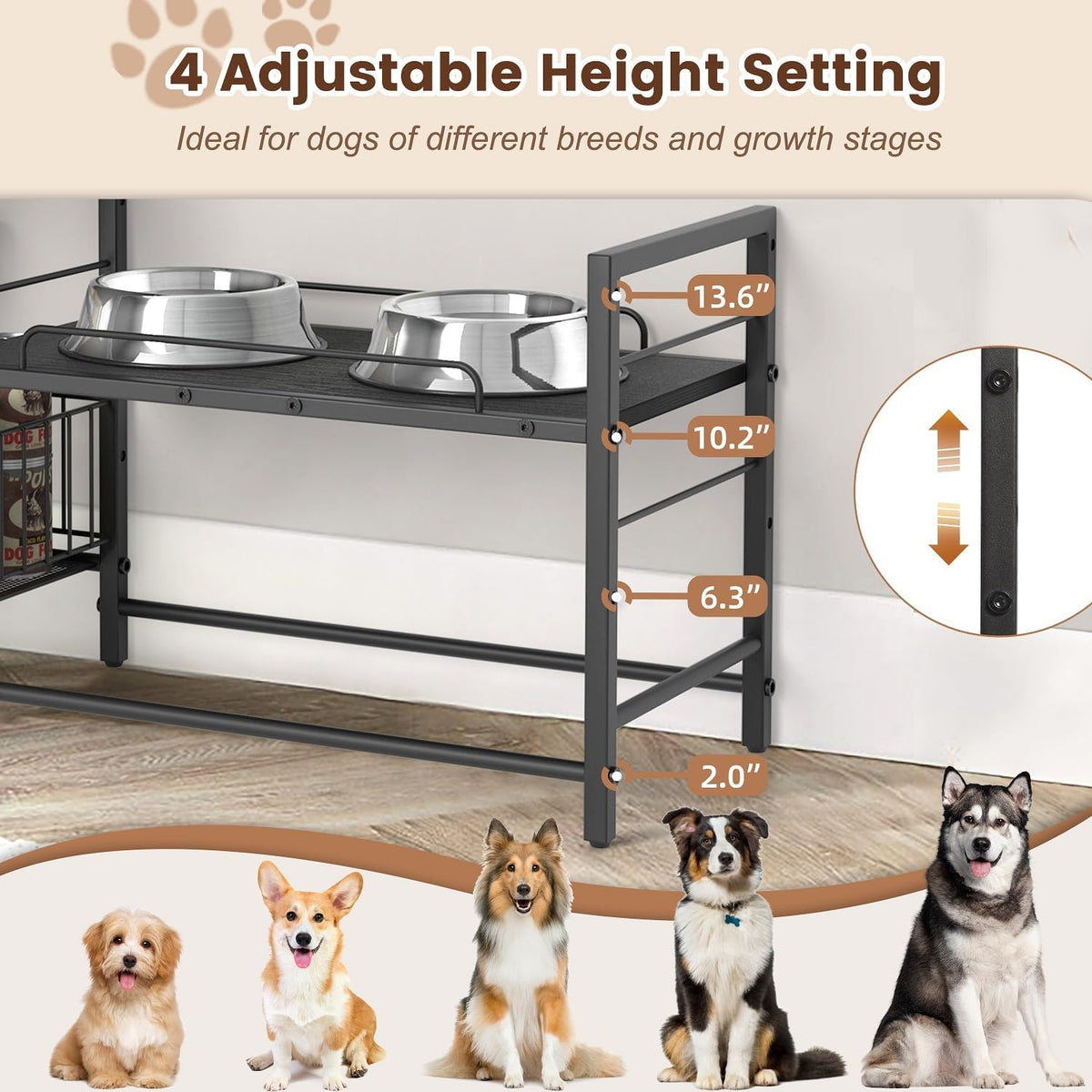 Elevated Dog Bowl Stand with Toy Bin Basket - Black / 2"-13.6"H/ 18.9"Dx9.45"W - image 3