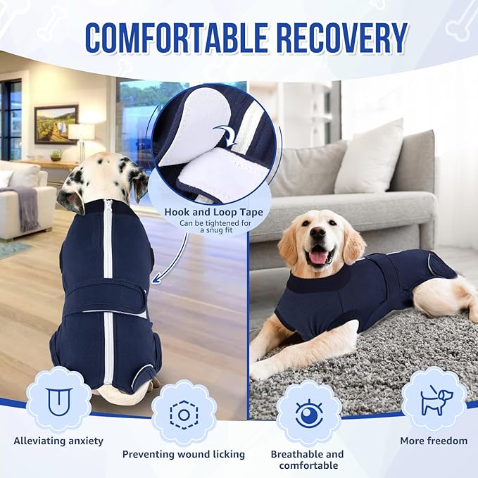 Lukovee Recovery Suit for Dogs, Zipper-On Onesie for Female Male Dog, Abdominal Wounds Cone E-Collar Alternative, Prevent Licking Spay (M, Dark Blue)