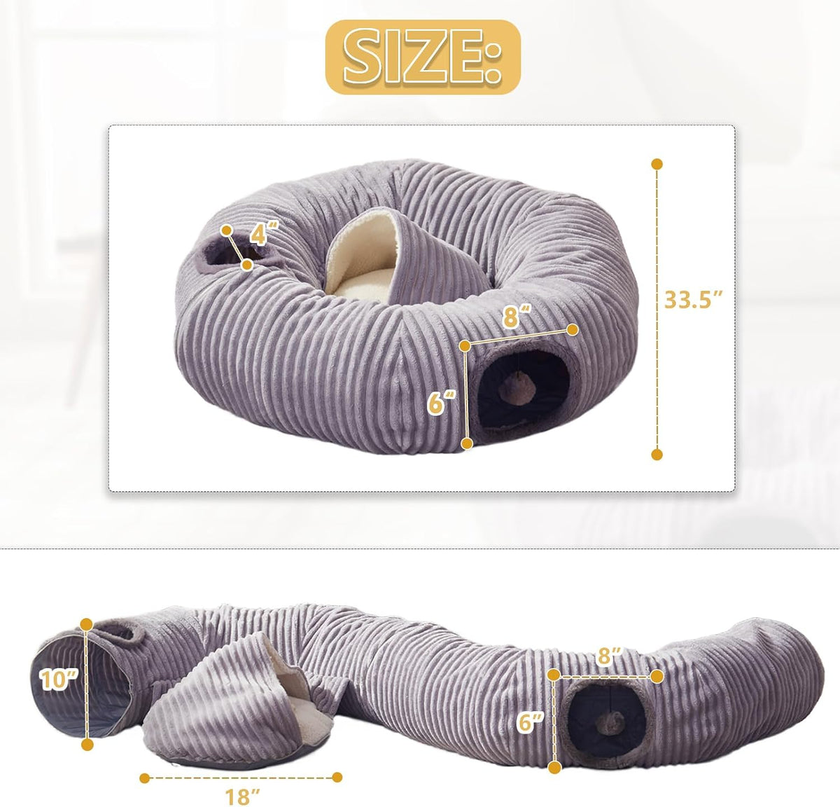 Cat Tunnel Bed for Indoor Cats - Light Grey / L:33.5" x 33.5" x 10" - image 4