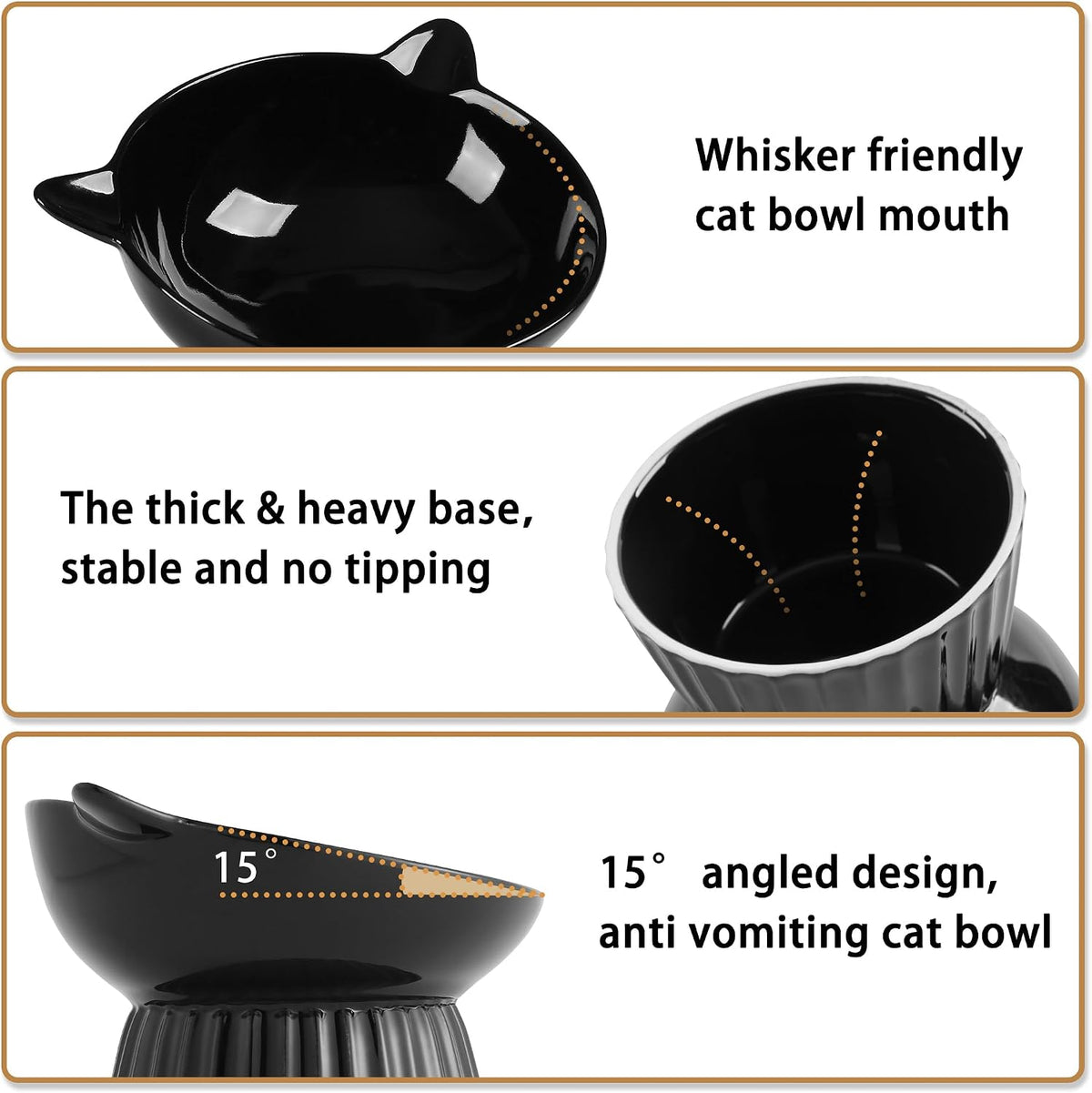 Ceramic Raised Cat Bowl，Tilted Raised Cat Bowl Anti Vomit Cat Bowls - Black - image 3