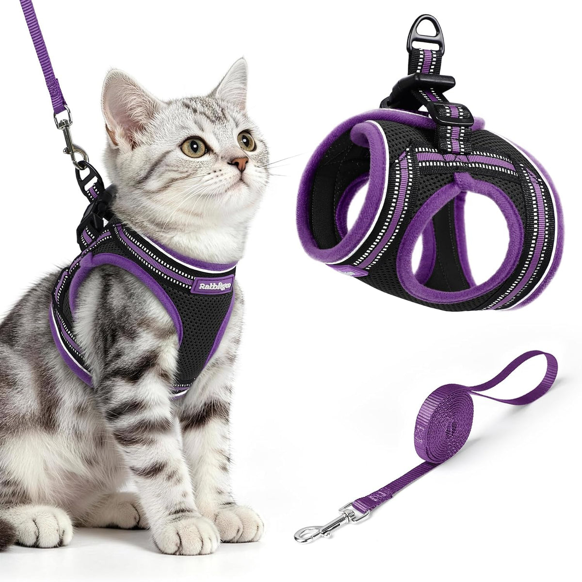 rabbitgoo Cat Harness and Leash Set, Step-in Soft Vest - M / Black & Purple