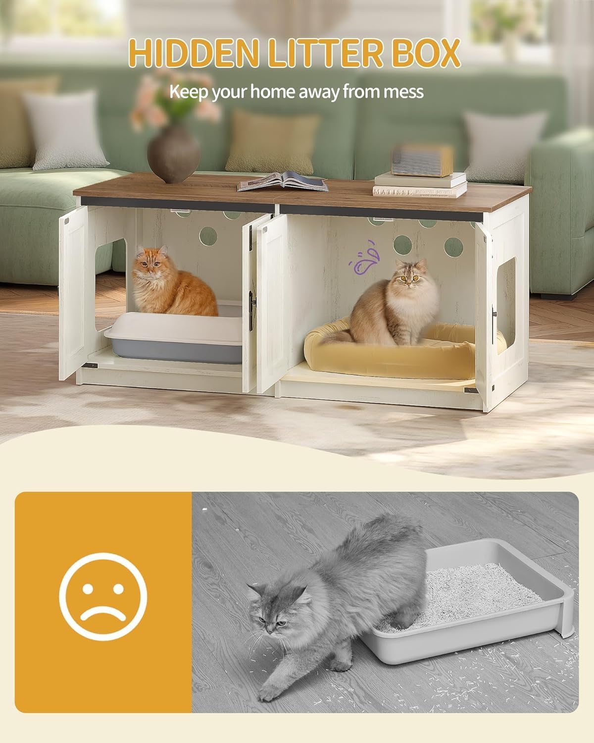 Hzuaneri Cat Litter Box Enclosure - Rustic Brown and White / 46.7"L x 18.9"W x 21.1"H - image 3