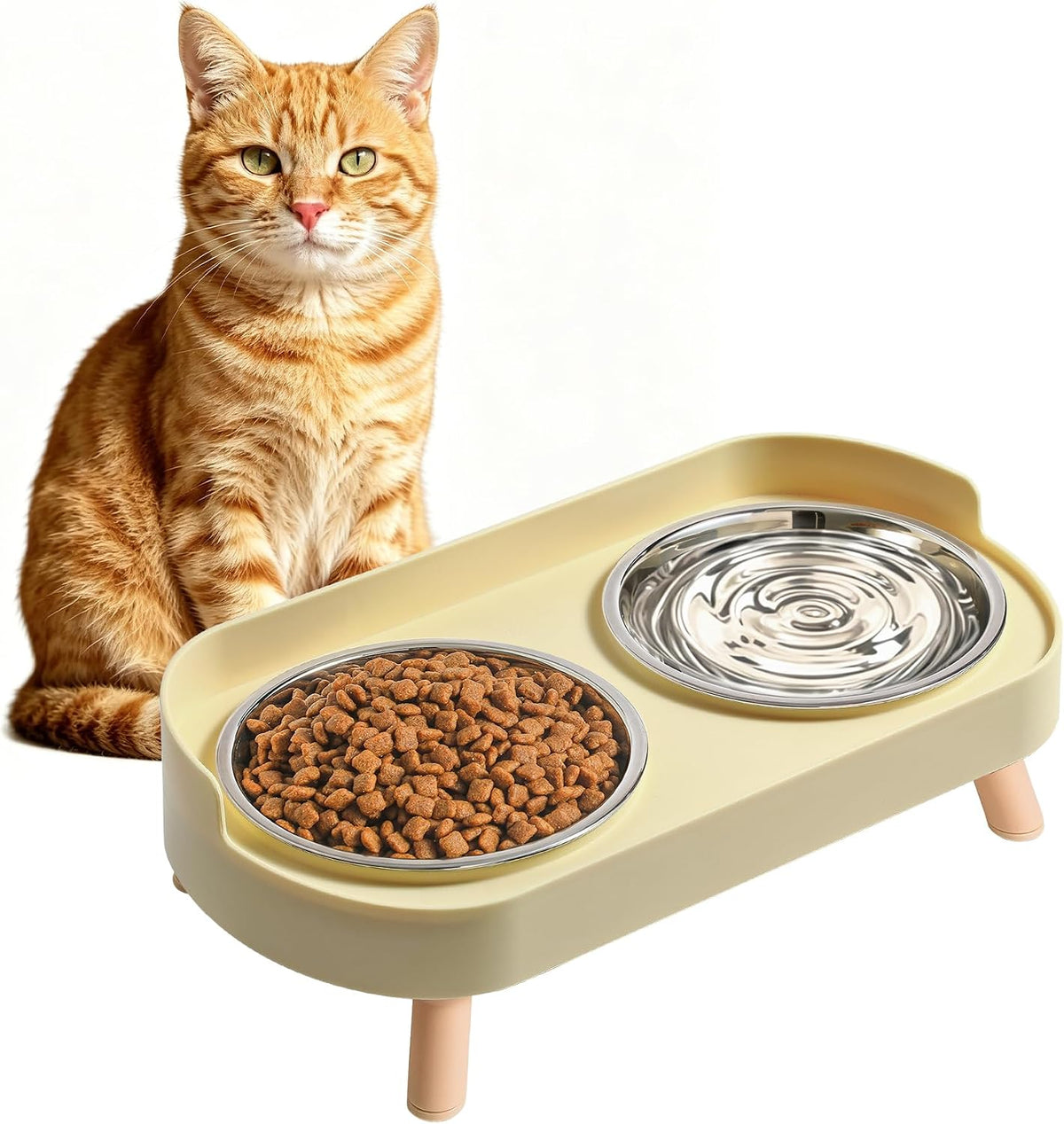 Elevated Cat Bowls Set - Raised Cat Food and Water Bowl Set with Non Slip Stand - Pet Feeding - Yellow