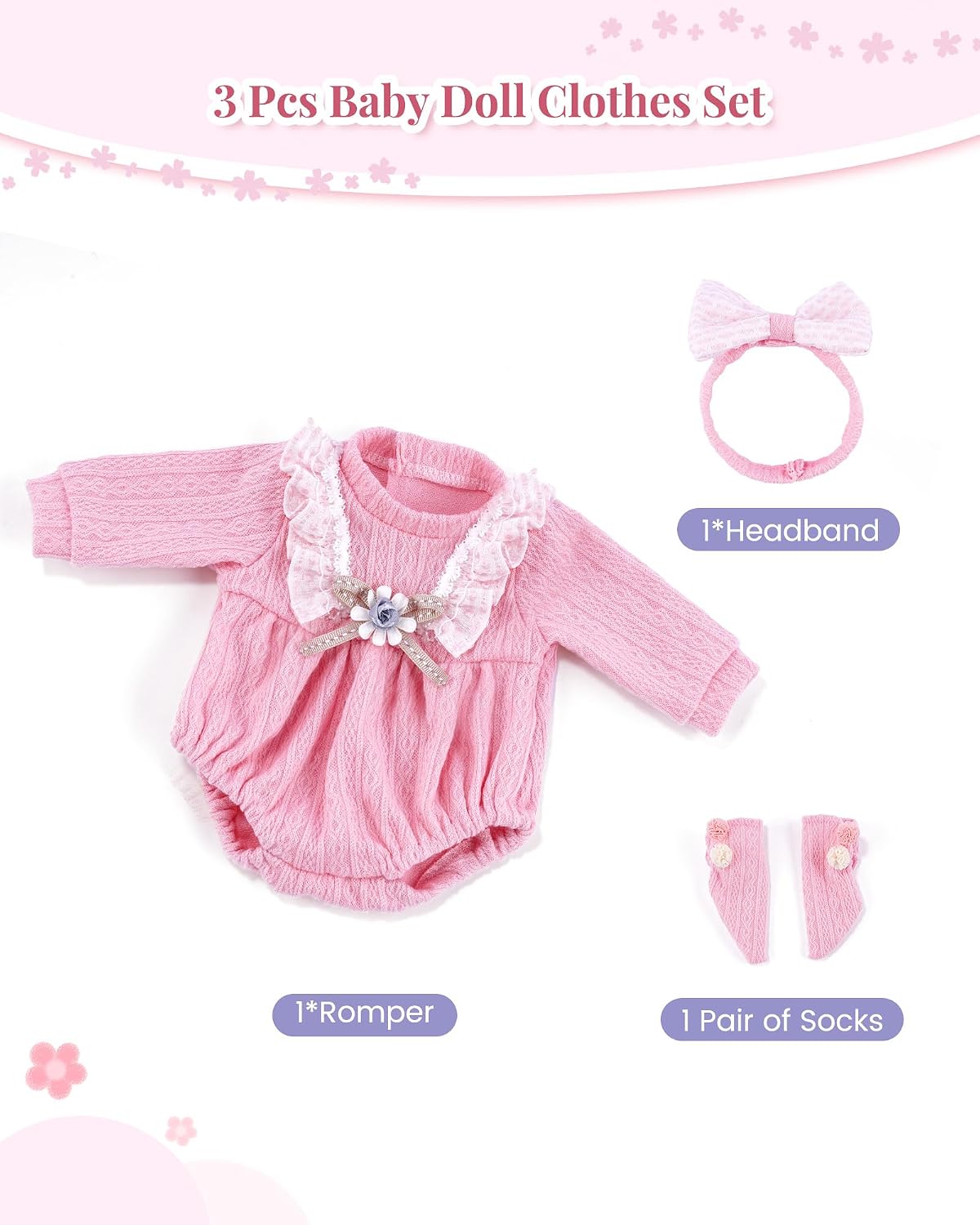 BABESIDE 3 piece baby doll clothes set, pink knit romper with headband and socks - view 5