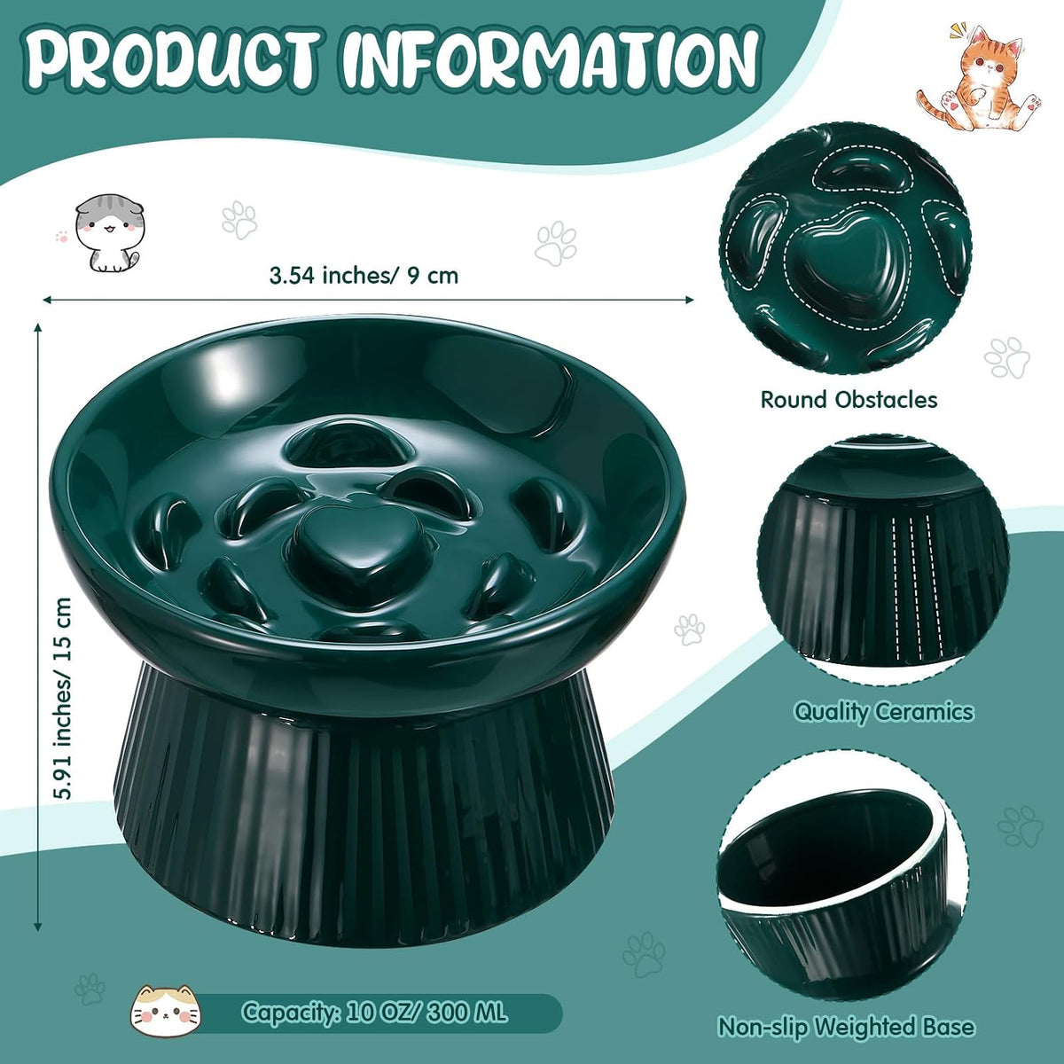 Tioncy 2 Pcs Ceramic Elevated Slow Feeder Cat Bowl - Dark Green / 2 - image 2