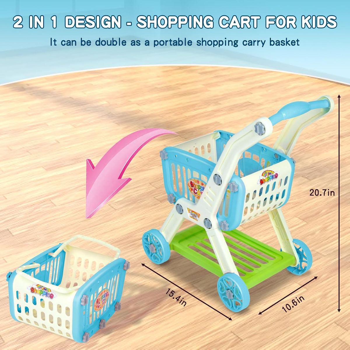 Ming You 2-in-1 Kids Shopping Cart Toy with Pretend Play Foods - Blue - image 2