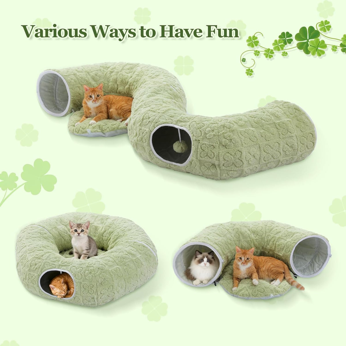 PEQULTI Beige Donut Cat Tunnel Bed Washable Plush Mat Multi for Small - Green - image 4