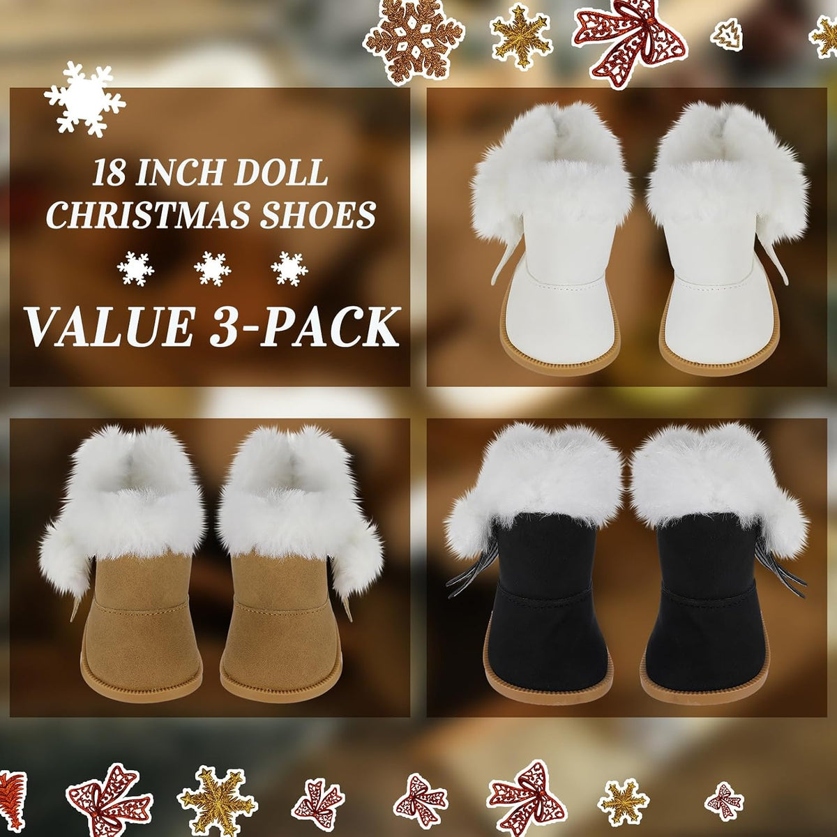Bencailor 18 inch doll boots, 3 pairs of winter snow boots in white, black and brown - view 6