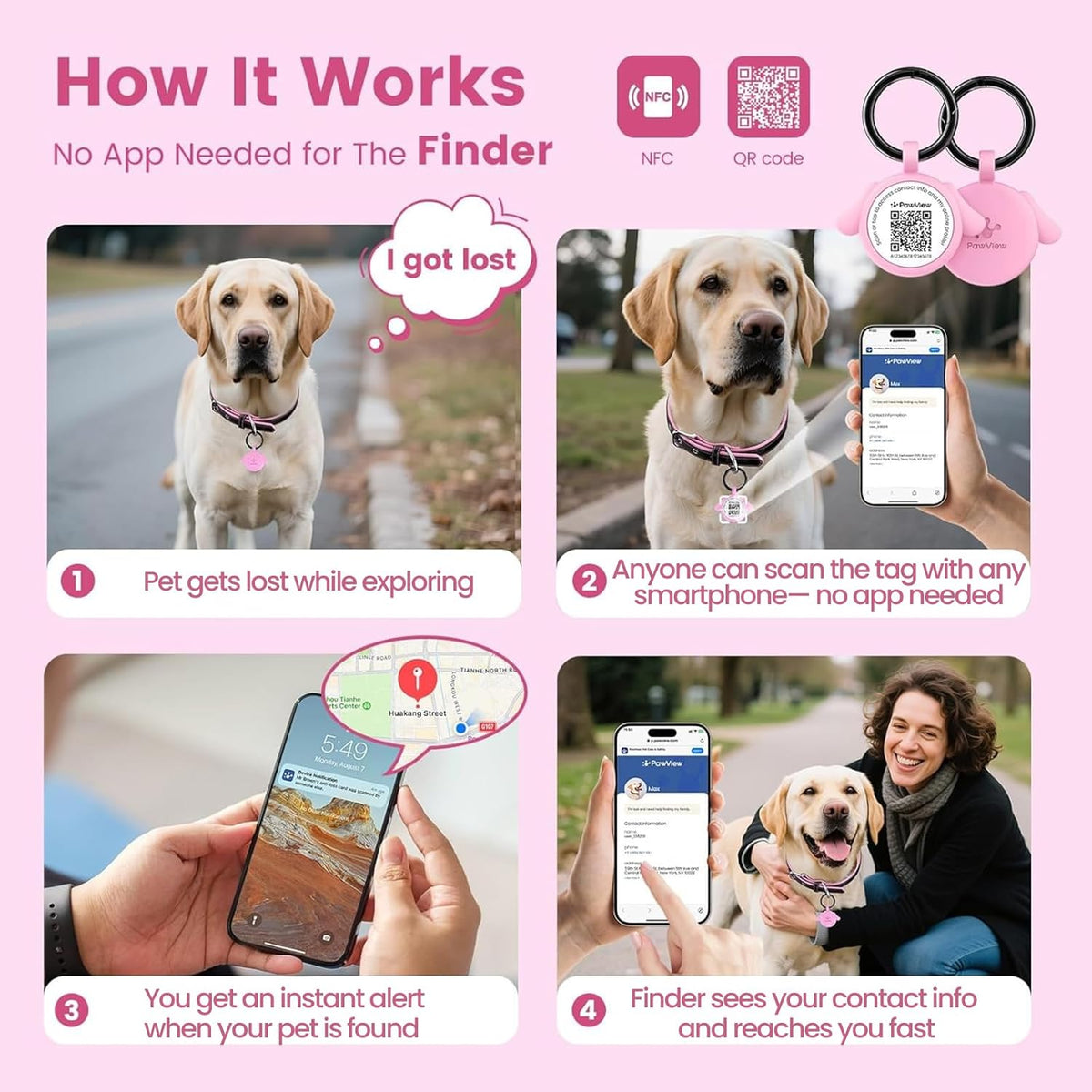 QR & NFC Pet ID Tag, Silent Silicone Dog Name Tag - Pink-dog - image 3