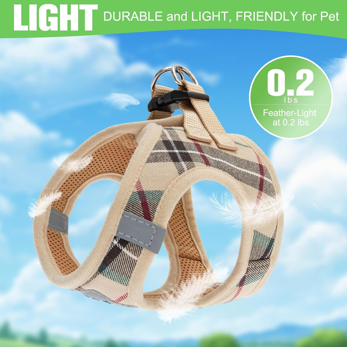 EXPAWLORER Plaid Small Dog Harness and Leash Set with AirTag Holder - Khaki / Large - image 4